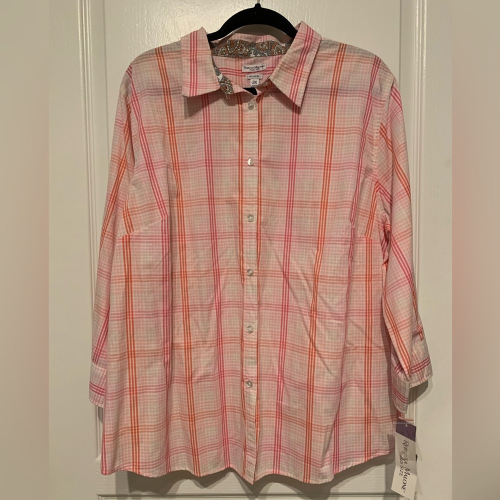 Rebecca Malone Pink/Coral/White Plaid Blouse 3X